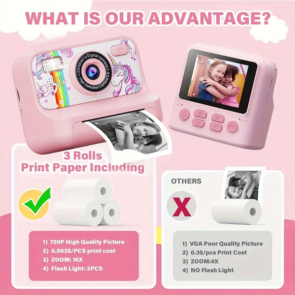 Appareil photo instantané pour enfants 2,4 pouces, carte 32 Go, 3 rouleaux de papier, chargement USB, cadeau d'anniversaire, Halloween, Noël, appareil photo numérique haute définition, adapté aux enfants