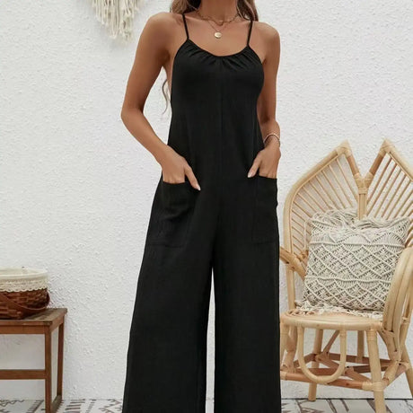 Ladies' Cross Leisure Vacation Lazy Backless Wide Leg Pants Camisole Skirt Jumpsuit - Lootquake