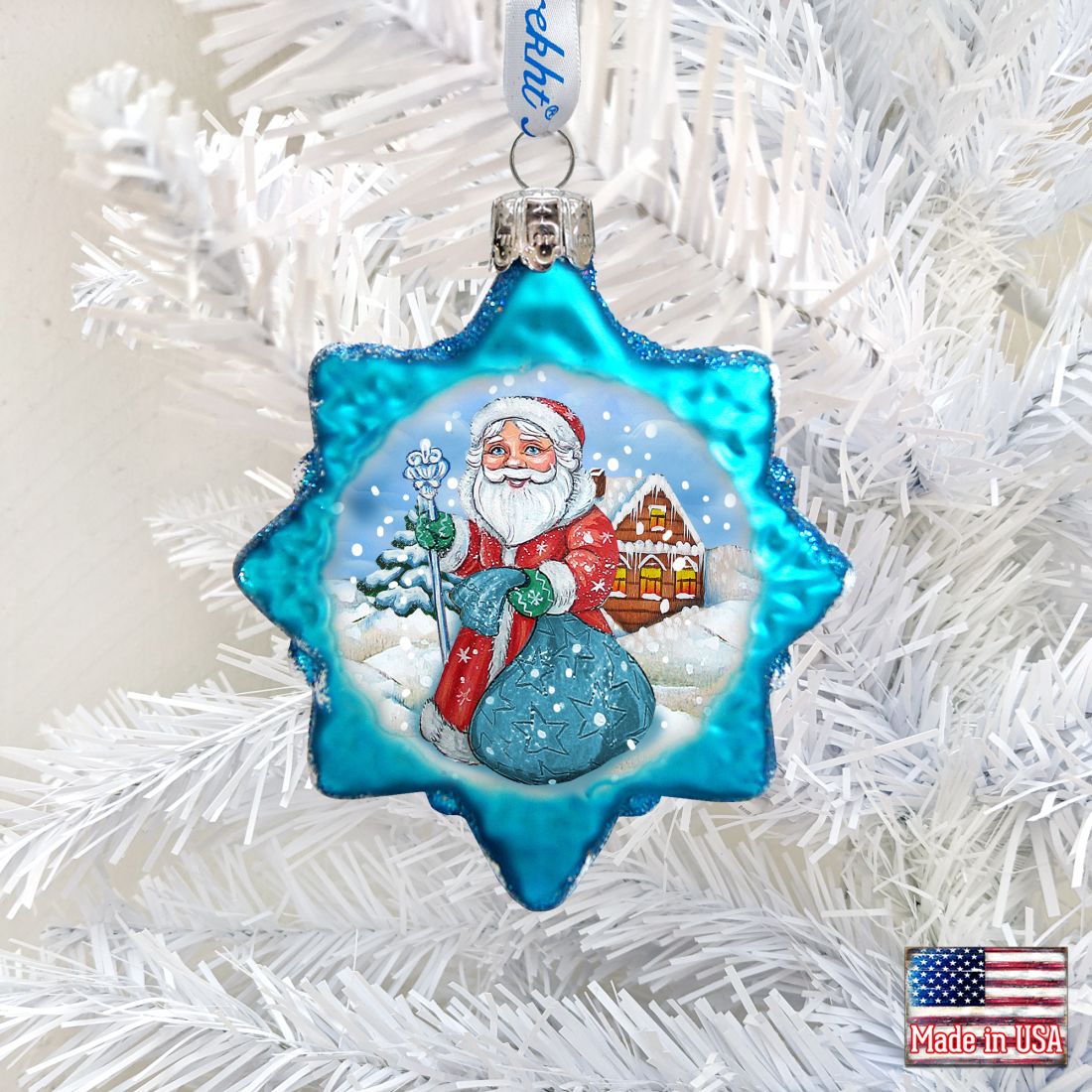 Adorno de Papá Noel con bolsa azul de vidrio de mercurio de G. DeBrekht - Decoración navideña de Papá Noel y muñeco de nieve - 777385