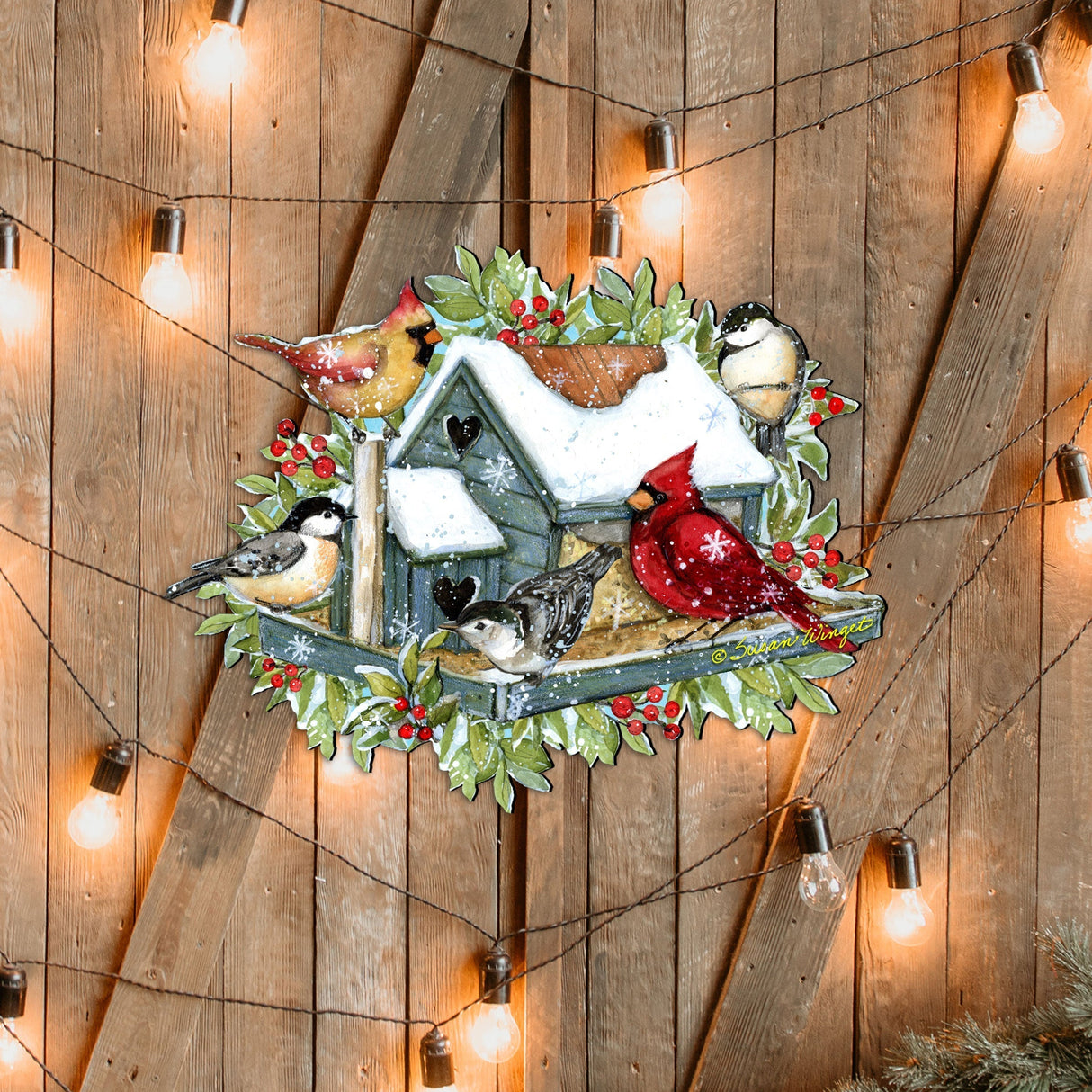 Front Door Winter Cardinals Birdhouse Decor - Christmas Welcome by Susan Winget - Handmade Gift Product Code 8471115-2H-SW