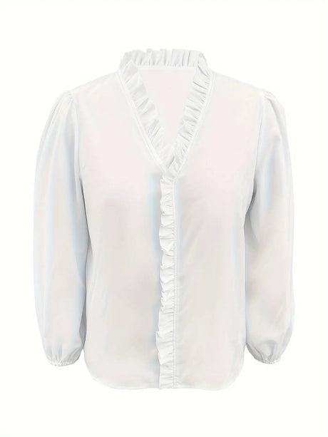 Pure Color Ruffle Hemline Shirt, Casual V-neck Long Sleeve Shirt. - Lootquake