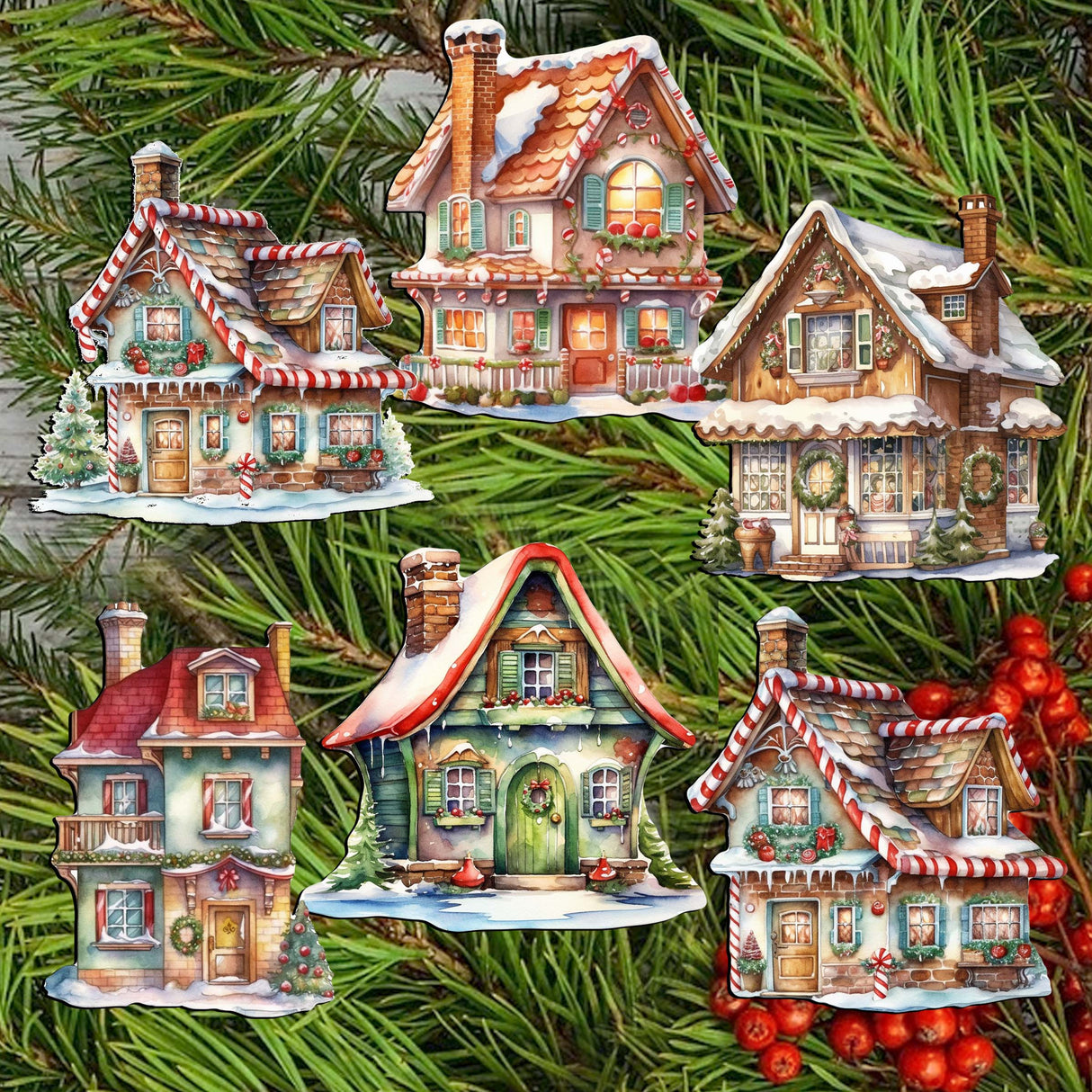 Dream Houses Decorative Wooden Clip-on Ornaments Set of 6 by G. Debrekht - Christmas Decor - 8090029C-S6
