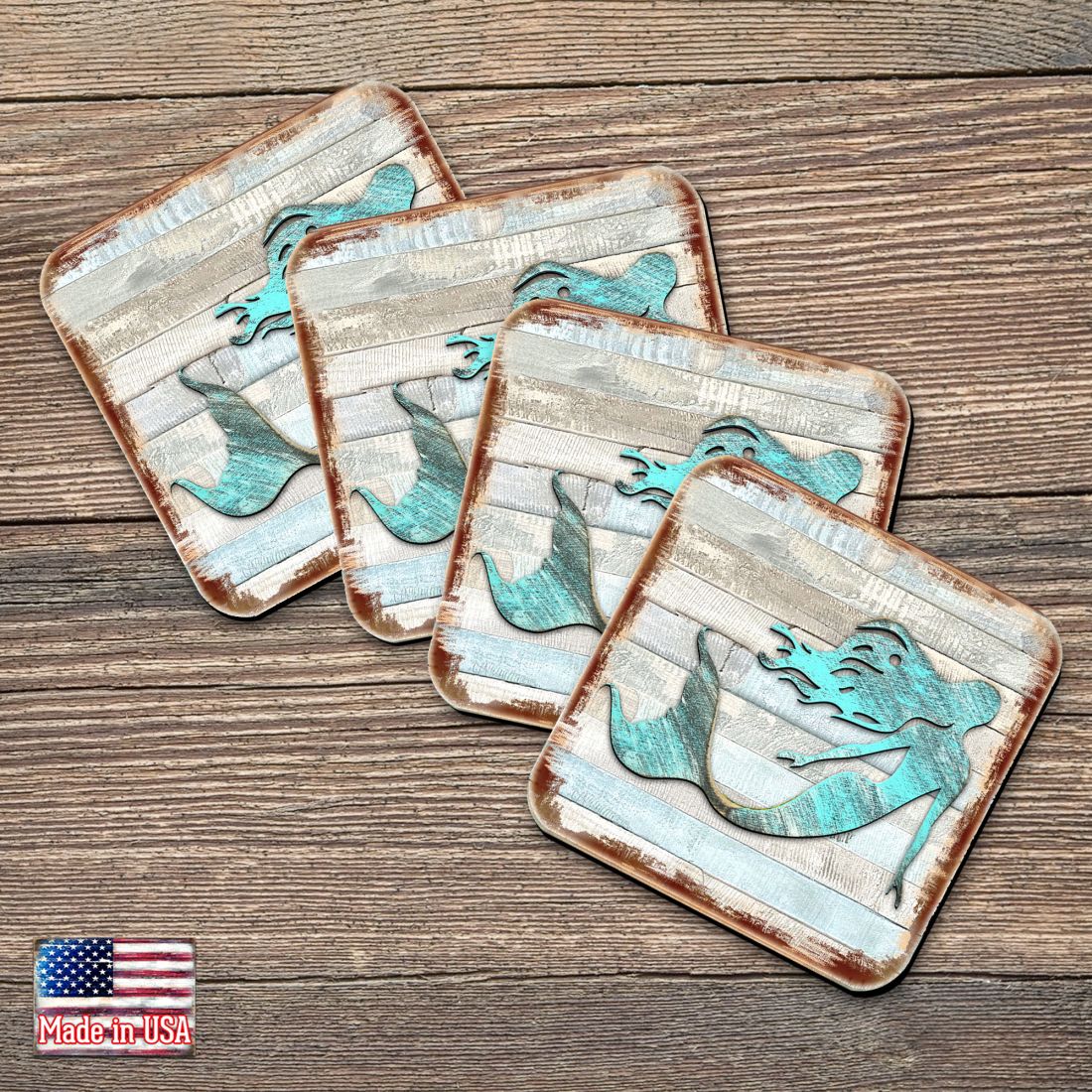 Mermaid Coastal Wooden Cork Coasters Gift Set of 4 by Nature Wonders - Coastal Sea-Life Decor - 8198514-9C-S4