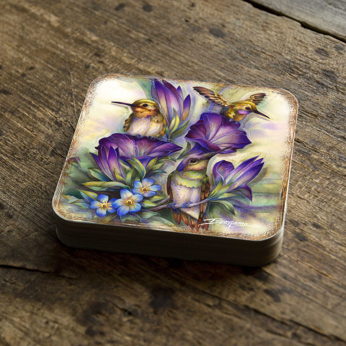 Everlasting Friendship Hummingbirds Wooden Cork Coasters Gift Set of 4 by J. Bergsma - Wildlife Decor  - 8199464C-S4