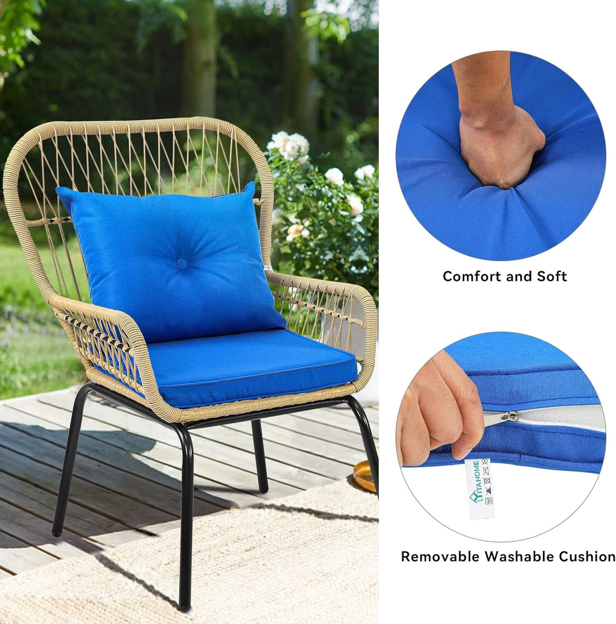 Conjunto de 3 piezas de muebles de exterior de mimbre estilo bistró, sillas de ratán resistentes a la intemperie para patio, balcón y terraza, con cojines suaves y mesa auxiliar de vidrio (marrón claro y azul marino).