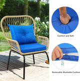 Conjunto de 3 piezas de muebles de exterior de mimbre estilo bistró, sillas de ratán resistentes a la intemperie para patio, balcón y terraza, con cojines suaves y mesa auxiliar de vidrio (marrón claro y azul marino).