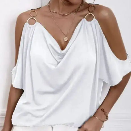 Ladies' Solid Color Cold Shoulder Hanging Neck O-ring Detail T-shirt - Lootquake