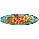 Arte mural costero con tabla de surf y flores hawaianas de G. DeBrekht - Decoración navideña costera - 8490121HS