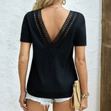 Women's Solid Color Deep V-neck Backless Lace Patchwork Loose T-shirt - Lootquake