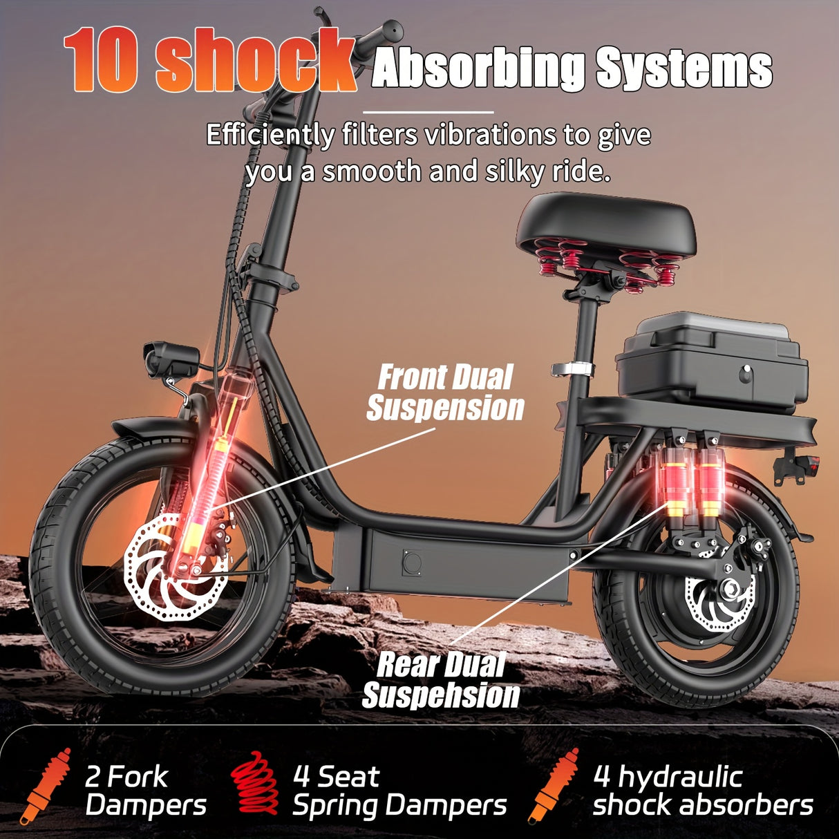 Trottinette électrique pour adultes, avec siège, moteur 740 W, autonomie jusqu'à 32 km/h, batterie 48 V 56,4 V 15 Ah, pneu 14 pouces, avec boîte arrière.