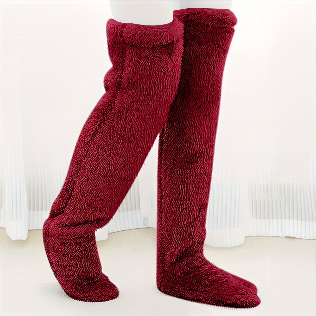 Fuzzy Thigh High Stockings, Warm Over-the-Knee Socks for Women, Solid Color