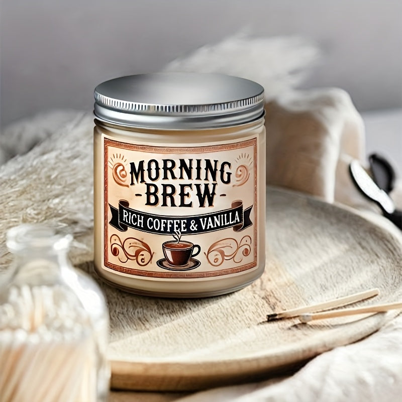 Morning Brew Rich Coffee & Vanilla Scented Candle, Hand-Poured Soy Wax, Single-Wick, Resin Jar with Glitter Embellishment, for Home Aromatherapy, Stress Relief, Decorative Gift for Holidays - Christmas, Easter, Thanksgiving,