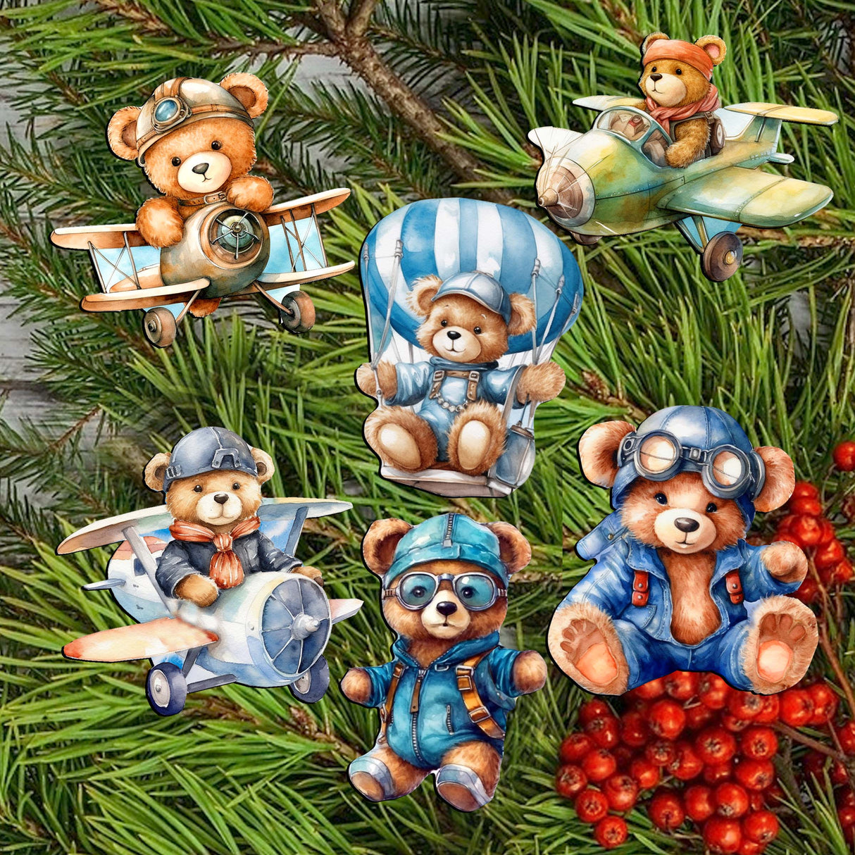 Aviator Teddy Bear Decorative Wooden Clip-on Ornaments of 6 by G. Debrekht - Christmas Decor - 8090010C-S6