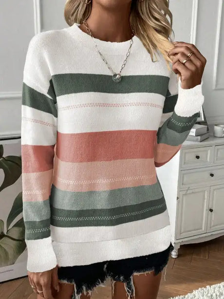 Ladies' Color Block Splicing Casual Style Knitted Sweater Top - Lootquake