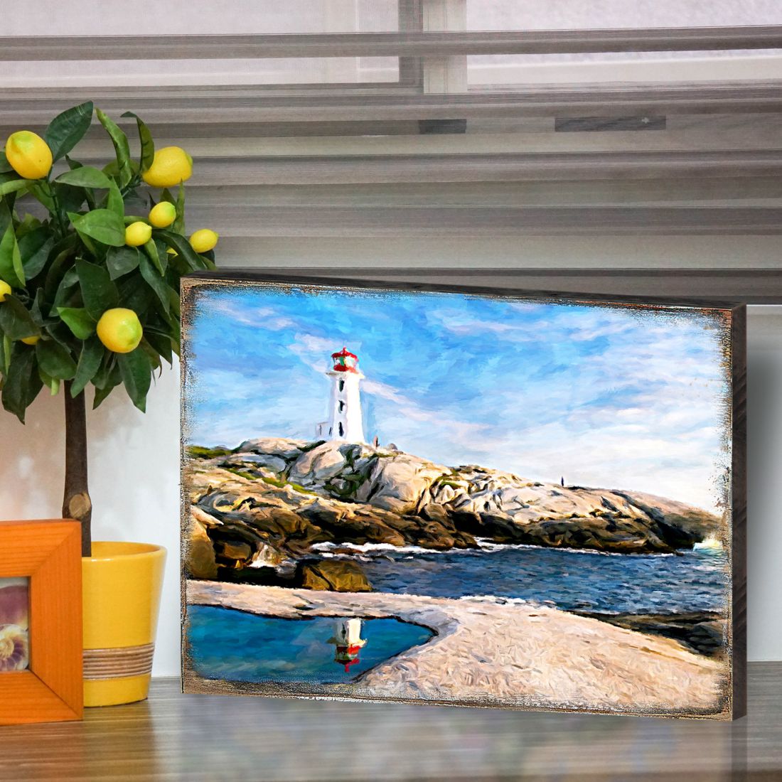 Arte de pared costero de madera de la bahía del faro de Aditya de Nature Wonders - Decoración costera de vida marina - 95268B