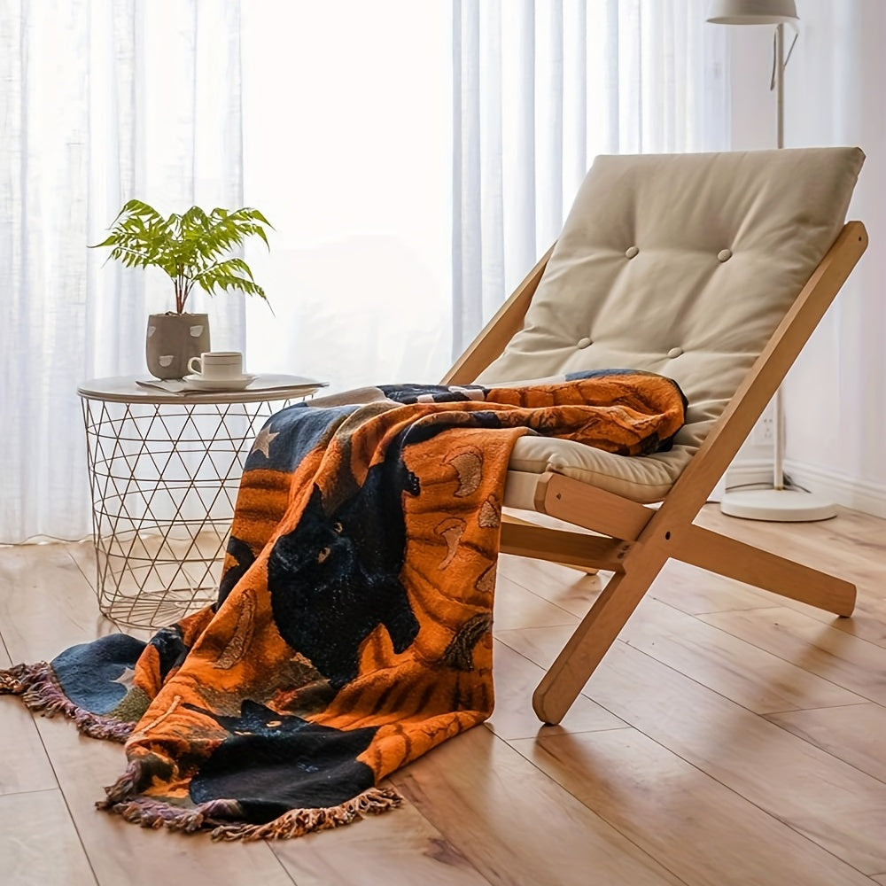 1 couverture d'Halloween à franges, 100 % coton, légère, idéale pour un canapé, un lit ou une chaise.