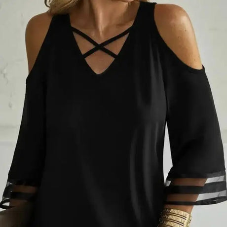 Ladies' Solid Color Collar Cross Design Off Shoulder Fashionable Casual Mid Long Sleeved T-shirt Top - Lootquake