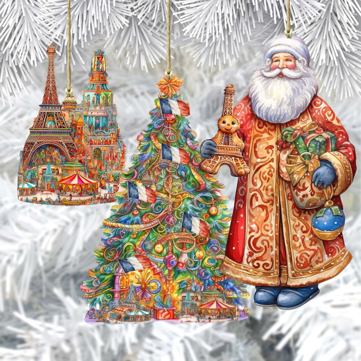 Papá Noel de todo el mundo - Papá Noel de inspiración francesa - Juego de 3 adornos de madera de G. DeBrekht - Decoración navideña de Papá Noel y muñeco de nieve - 8091303S3
