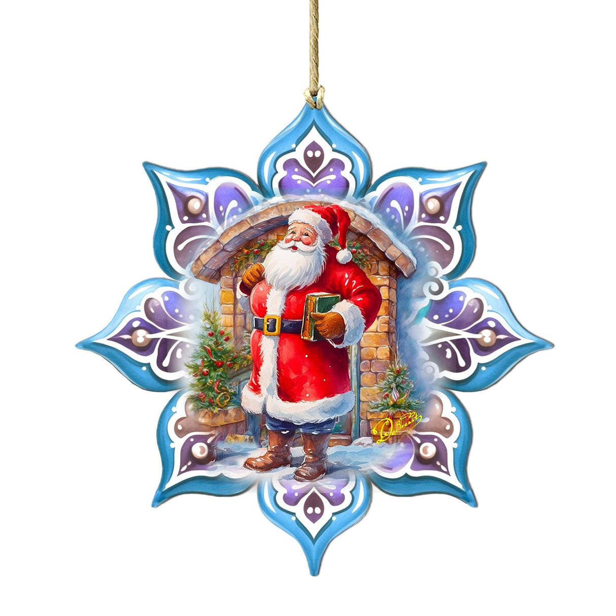 Santa with Book Snowflake Wooden Ornaments by G. Debrekht - Christmas Santa Snowman Decor - 8688420