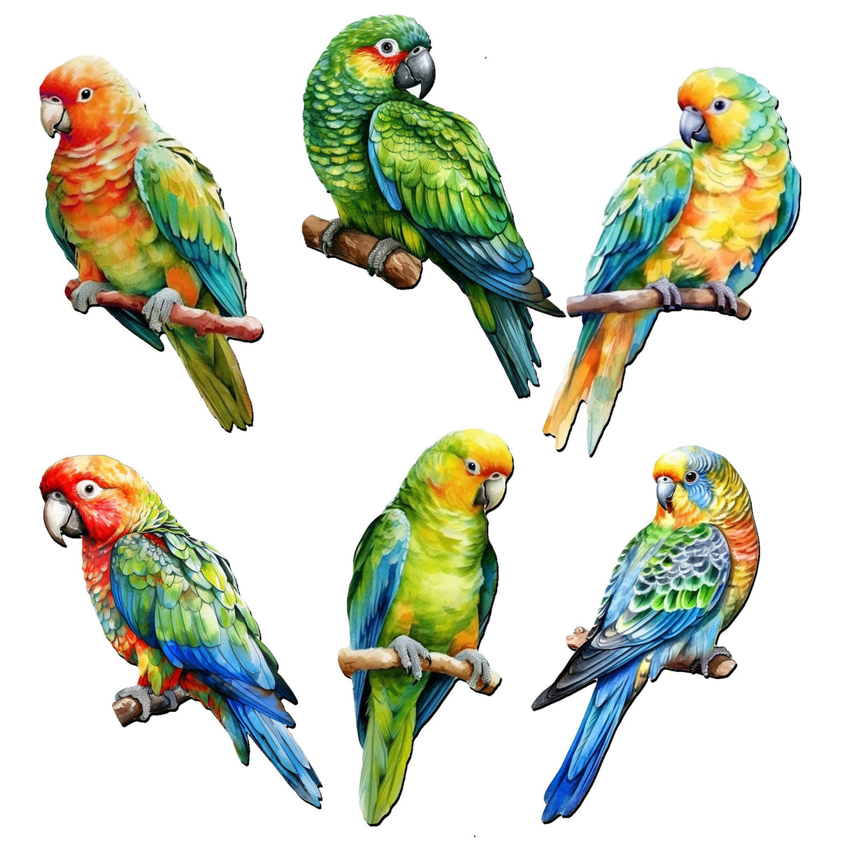 Juego de 6 imanes decorativos de madera con forma de loros de G. Debrekht - Decoración de vida silvestre - 8090013G-S6