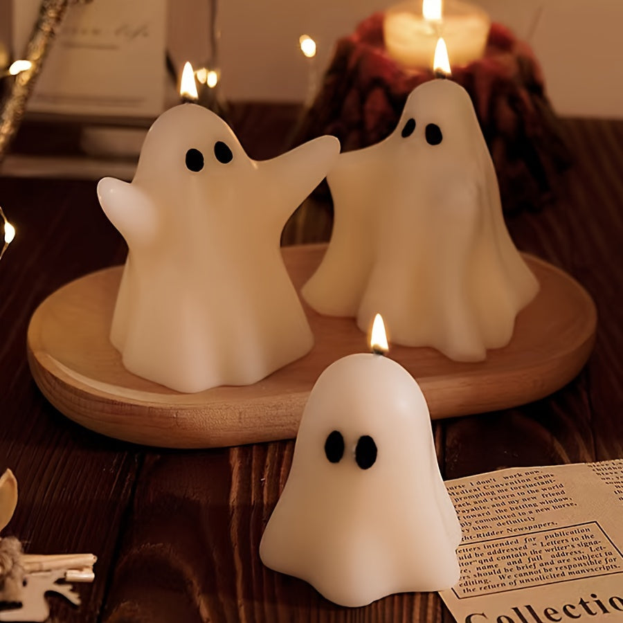 Vela artesanal con aroma a fantasma de Halloween: aroma a lavanda, mecha única, diseño de tarro con detalle de lazo.