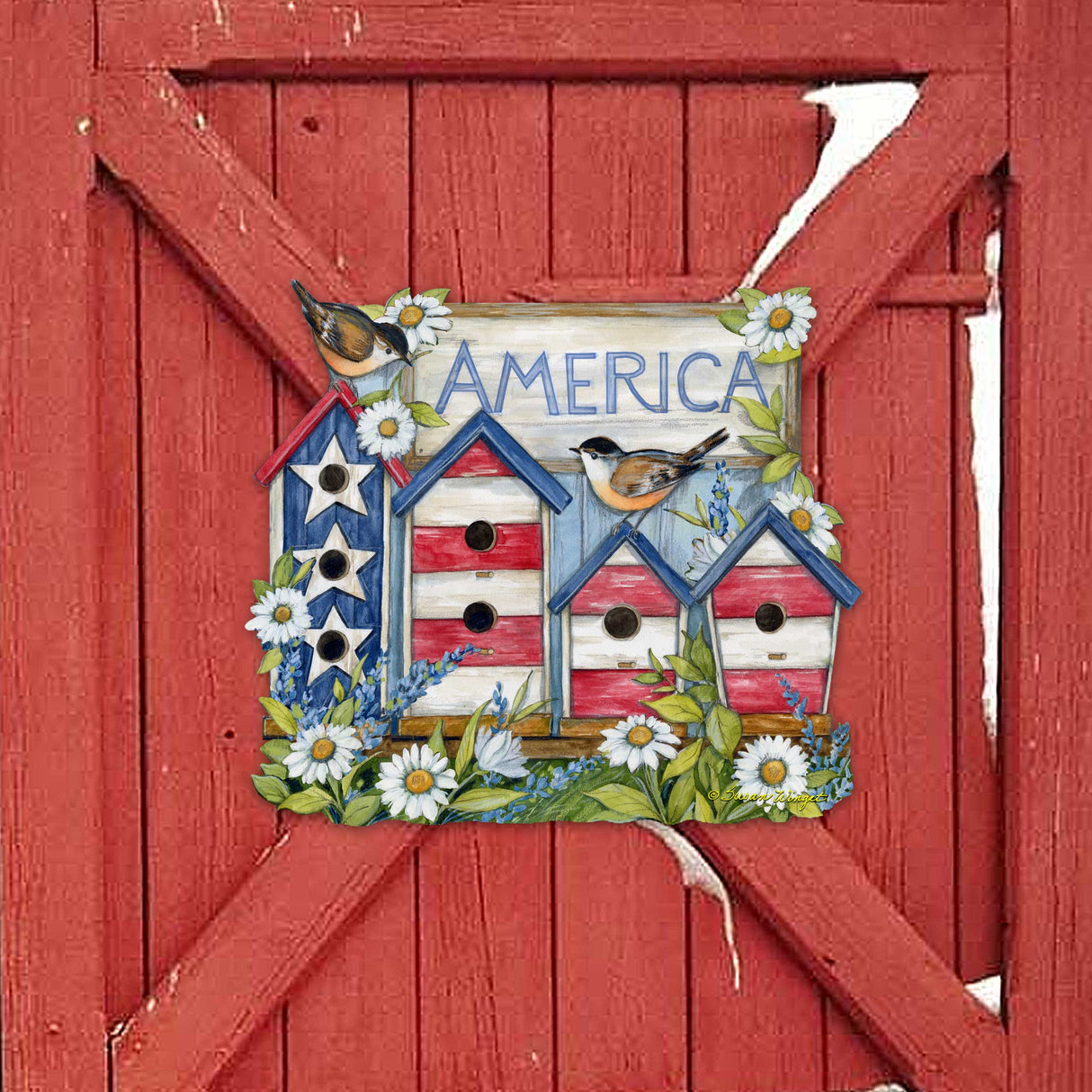 Front Door Patriotic Decoration American Red and White Birdhouse Welcome Sign - Handmade Gift Rustic Adornment by Susan Winget for Wooden Front Porch Decor - 8471213H-SW