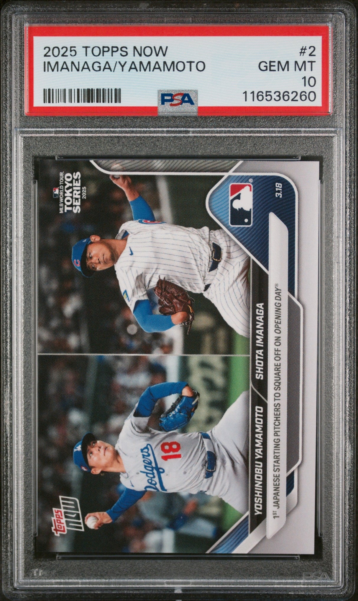 Tarjeta de béisbol Yoshinobu Yamamoto/Shota Imanga n.° 2, calificada en 2025 por Topps Now, PSA 10 Gem Mint