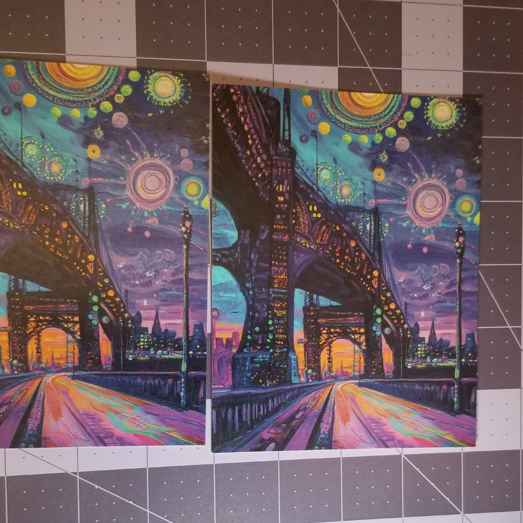 "Bright Lights" – Dreamy City Bridge Postcard - Surreal Nightscape Art Print