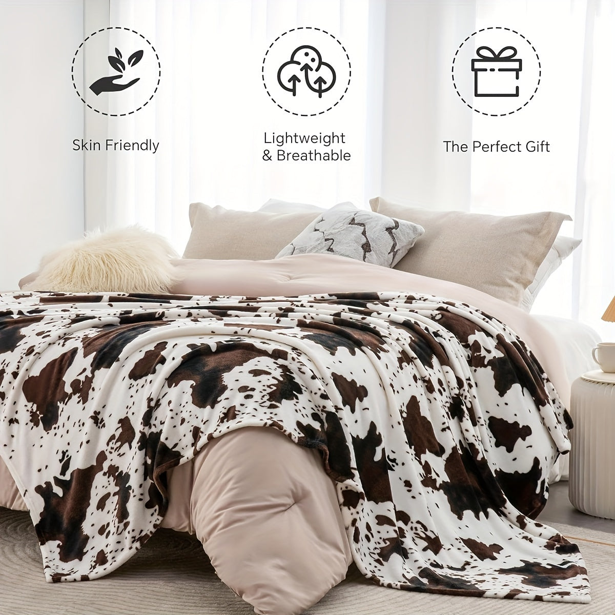 Manta suave y cálida con estampado de vaca, franela ligera y afelpada para sofá, cama, regalo decorativo para el hogar en todas las estaciones.