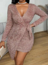 Women's Pure One-piece Strap And Velvet Wrapped Long Sleeved Dress With Buttocks - Lootquake