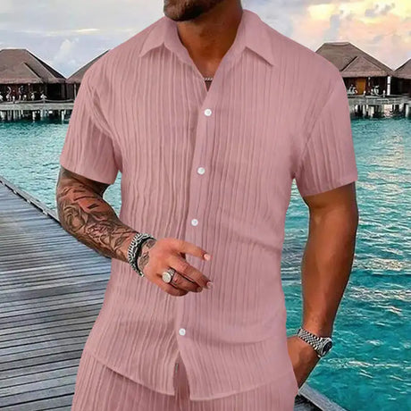 Polo Collar Solid Color Short Sleeve Button Men's Casual Loose Short Sleeves Shirt - Lootquake