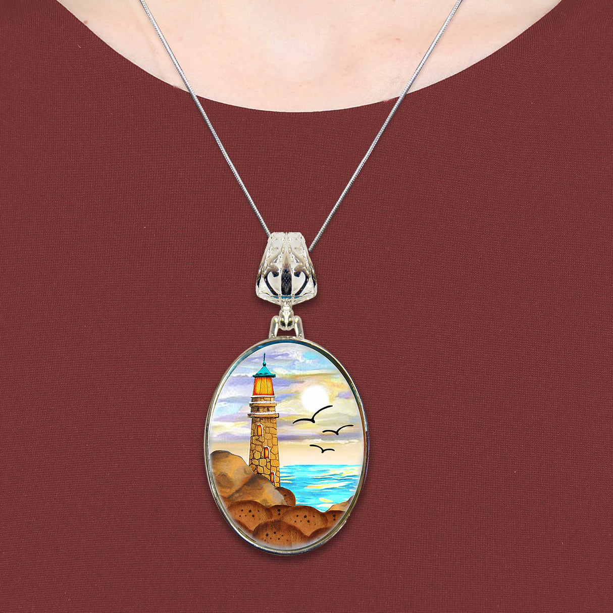 Light House Silver Plated Mother of Pearl Jewelry Pendant Necklace Coastal - 44049