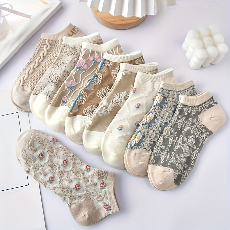 9 pares de calcetines tobilleros de corte bajo con estampado floral vibrante. Tejido de poliéster suave, transpirable y cómodo. Lavable a máquina. Estilo retro. Medias y calcetería para mujer.