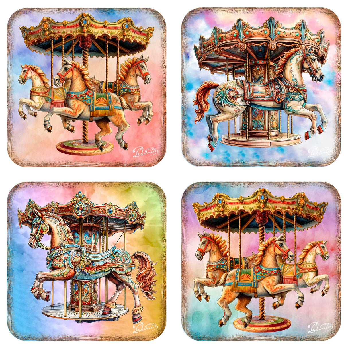 Carousel Horses Wooden Cork Coasters Gift Set of 4 by G. Debrekht - Christmas Decor  - 8199439C-S4
