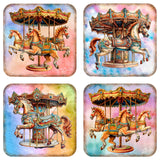 Carousel Horses Wooden Cork Coasters Gift Set of 4 by G. Debrekht - Christmas Decor  - 8199439C-S4