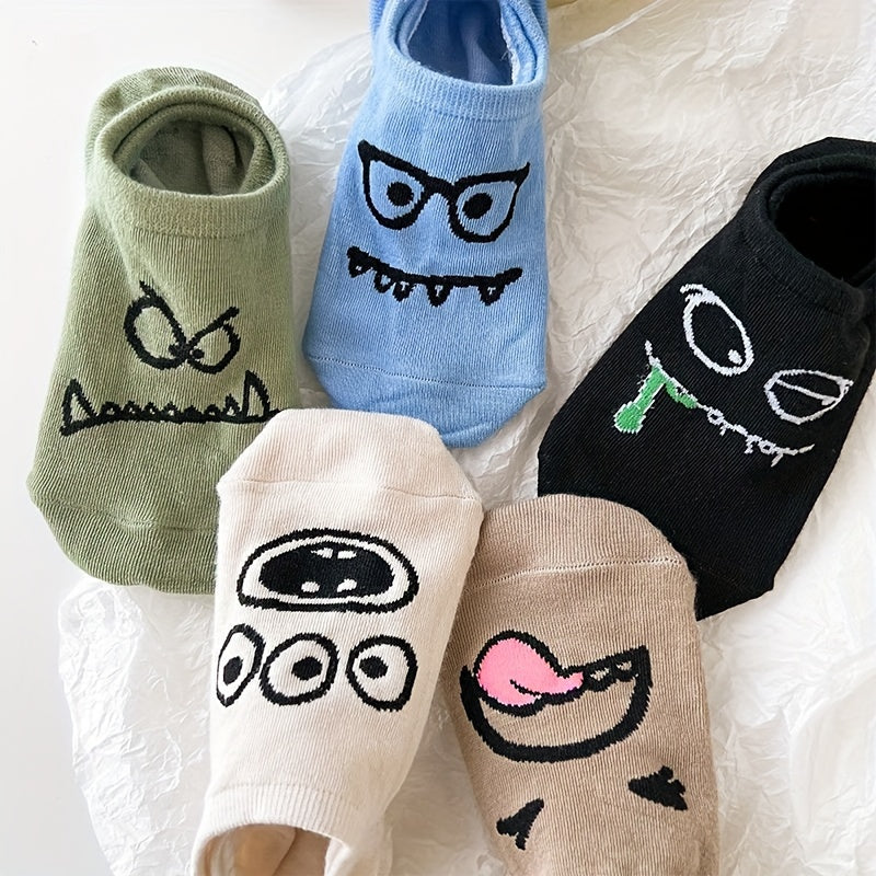 5 pares de calcetines con estampado de dibujos animados, divertidos y transpirables, de corte bajo, para mujer.