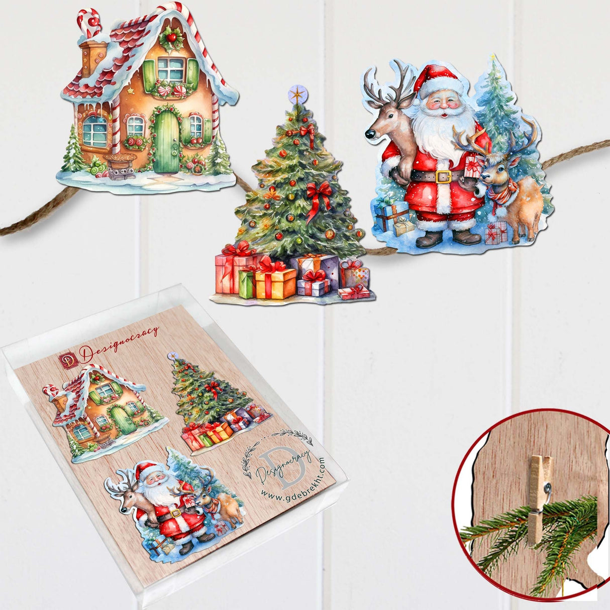 Christmas Is Here Decorative Wooden Clip-on Ornaments Set of 3 by G. Debrekht - Christmas Decor - 8091028C-S3