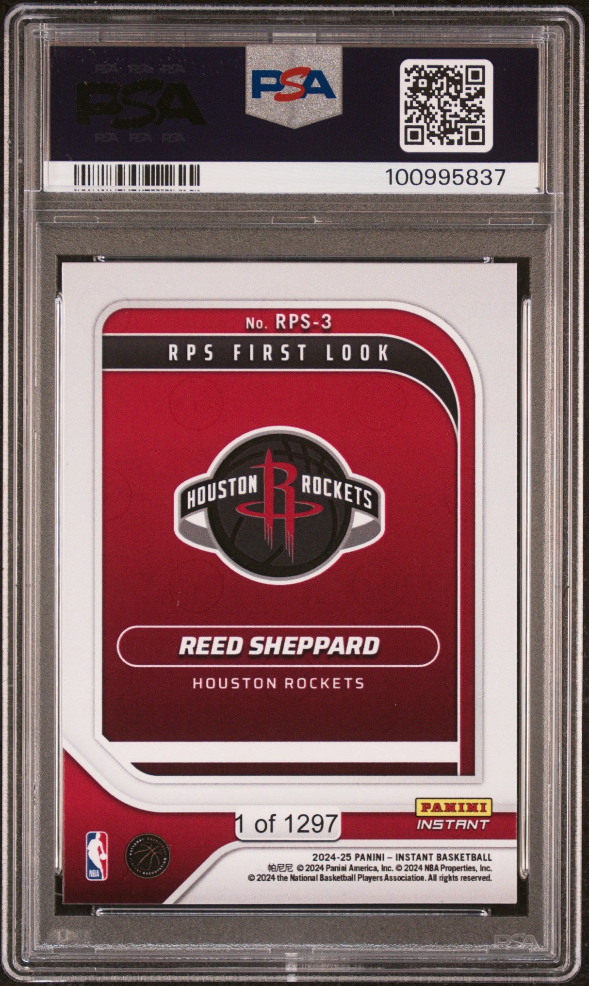 Tarjeta de baloncesto Panini Instant NBA Reed Sheppard #3 RPS First Look Rookie RC de 2024, clasificada, PSA 9 Mint