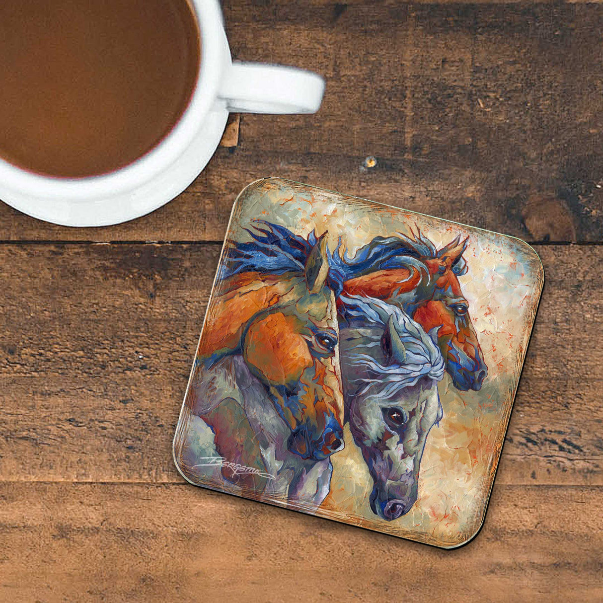 Herd of Horses Wooden Cork Coasters Gift Set of 4 by J. Bergsma - Wildlife Decor  - 8199458C-S4