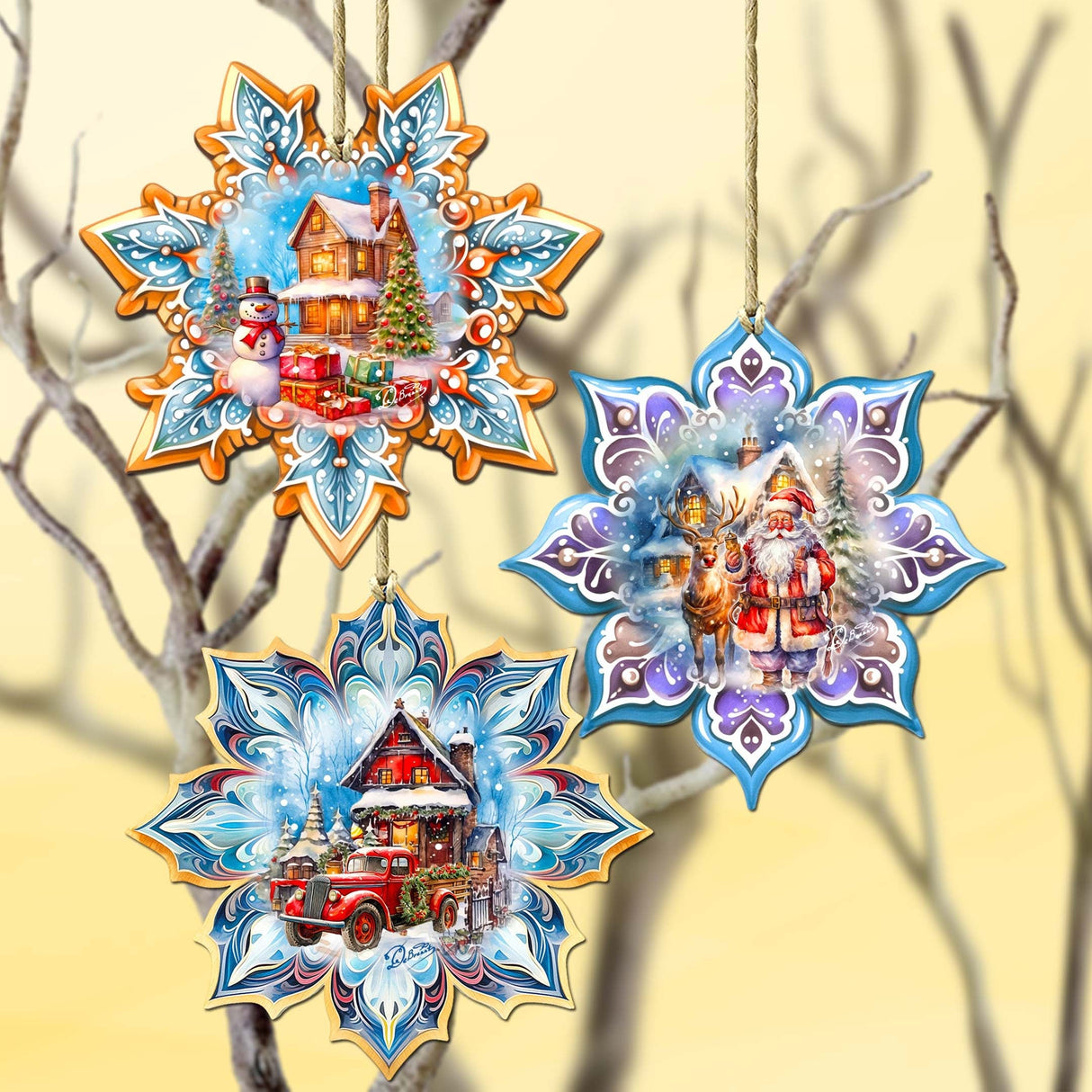 Christmas House Snowflake Wooden Ornaments Set of 3 by G. Debrekht - Christmas Decor - 8090142-S3