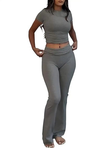 Casual Solid Color Slim Fit Two-piece Pants Set, Short Sleeved Round Neck T-shirt And Tight Flared Pants Sports Pants Clothing, Women's Clothing - Lootquake
