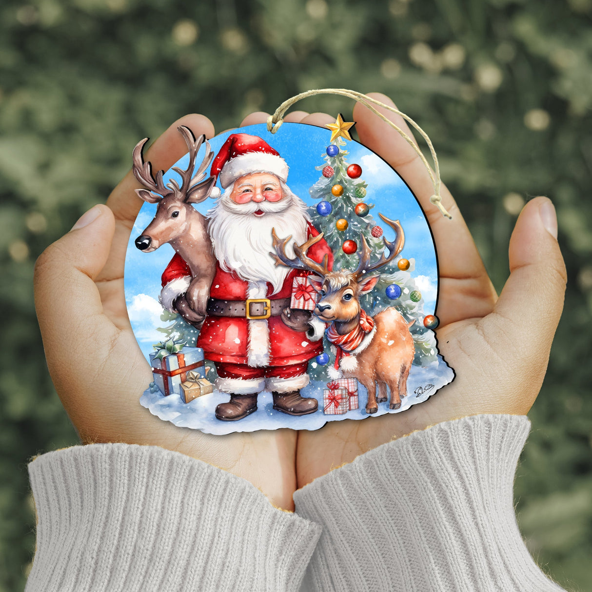 Santa with Reindeer Wooden Ornaments by G. Debrekht Christmas Santa Snowman Decor - 8611032
