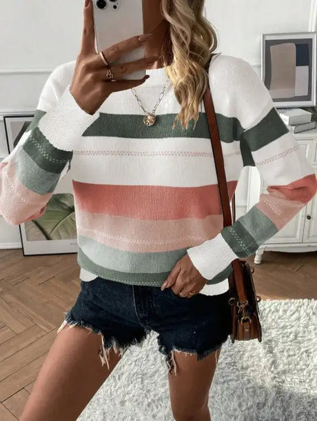 Ladies' Color Block Splicing Casual Style Knitted Sweater Top - Lootquake