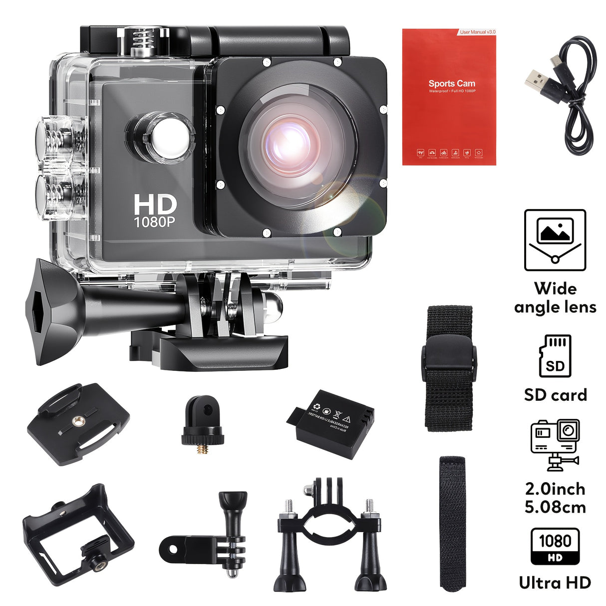 Compact 1080P Full HD Action Camera with 2" LCD Screen & 5MP Resolution -, 170° Wide-Angle Lens, 900mAh Rechargeable Battery - Ideal for Diving, Surfing, Cycling & Outdoor Adventures - Black