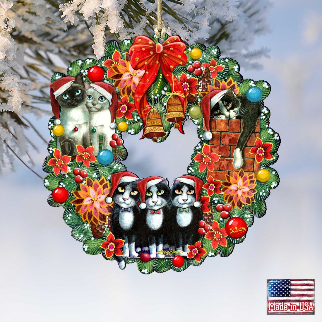 Christmas Friends Kitty Wreath Wooden Ornaments by G. DeBrekht - Pets Dog and Cats Decor - 8185307-5-SL