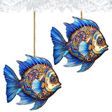 Coastal Christmas Ornaments - Aquamarine Aqua Fish Wooden Ornaments by G. Debrekht Coastal Holiday Decor - 8688306