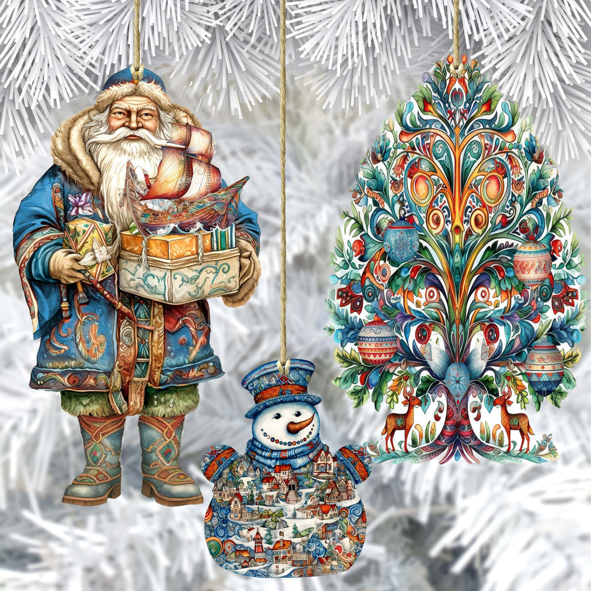 Papá Noel de todo el mundo - Papá Noel de inspiración nórdica - Juego de 3 adornos de madera de G. DeBrekht - Decoración navideña de Papá Noel y muñeco de nieve - 8091312S3