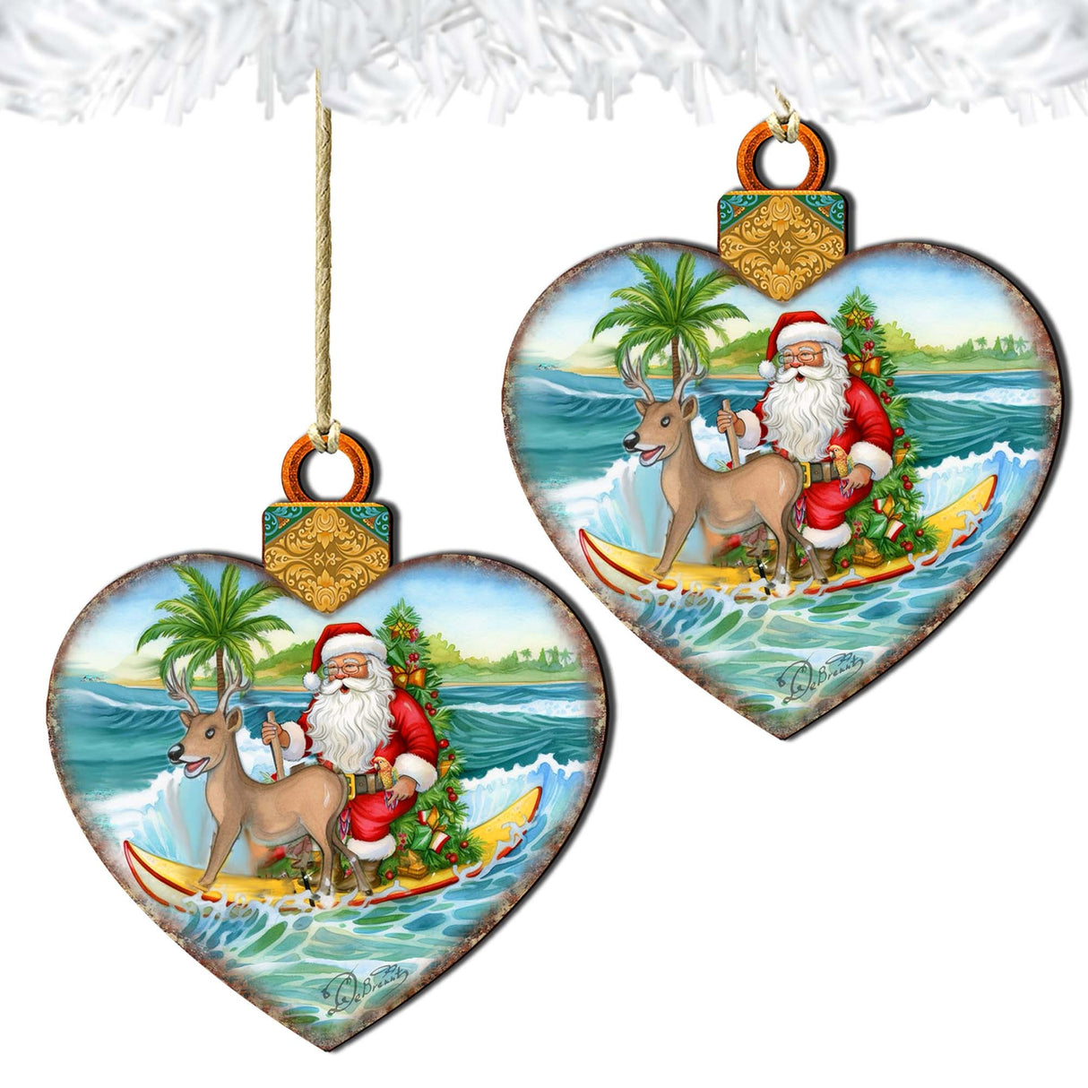 Wooden Christmas Ornaments - Surfing Santa Heart Wooden Ornaments by G.Debrekht - Coastal Holiday Decor - 8688174