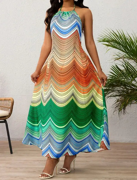Ladies' Neck Hanging Peacock Element Printed Casual Dress - Lootquake