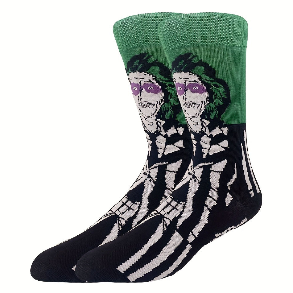1/5 paires de chaussettes tendance pour homme, motif dessin animé Halloween Noël, respirantes, confortables et décontractées, unisexes, pour l'extérieur, toutes saisons, style urbain